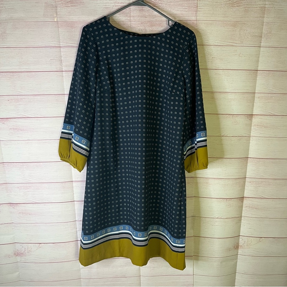Ann Taylor Navy Blue Geo Print Bishop Sleeve‎ Dress Size 10